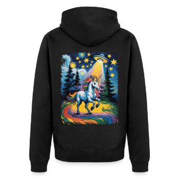 Leuchtendes Einhorn im Sternenrausch - Unisex Premium Bio Zip Hoodie - Schwarz - Hinten - Nico (187cm)