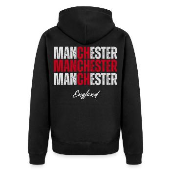 Manchester, England, britischer Stolz - Unisex Premium Bio Zip Hoodie - Schwarz - Hinten - Nico (187cm)