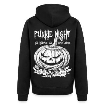 Punkie Night Jack O'Lantern Weißes Design - Unisex Premium Bio Zip Hoodie - Schwarz - Hinten - Nico (187cm)