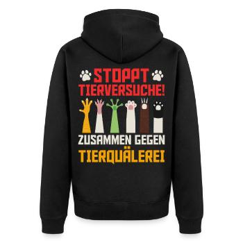 Tierschutz STOPPT TIERVERSUCHE LUSTIG - Unisex Premium Bio Zip Hoodie - Schwarz - Hinten - Nico (187cm)