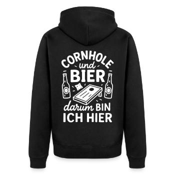 Cornhole und Bier - Darum bin ich hier - Unisex Premium Bio Zip Hoodie - Schwarz - Hinten - Nico (187cm)