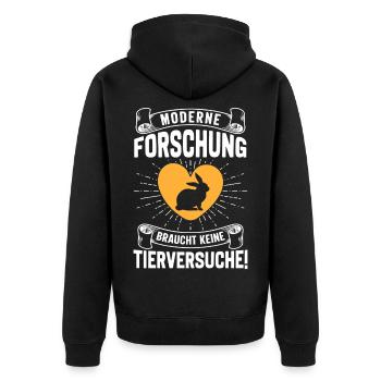 Tierschutz MODERNE FORSCHUNG BRAUCHT KEINE - Unisex Premium Bio Zip Hoodie - Schwarz - Hinten - Nico (187cm)