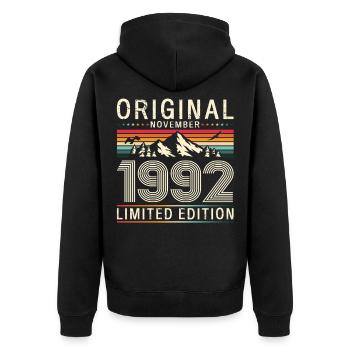 33ème Anniversaire Original Novembre Millésime 1992 - Veste à capuche bio Premium Unisexe - noir - Dos - Nico (187cm)