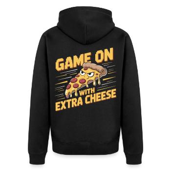 Pizza Gamer Shirt - Game On With Extra Cheese - Unisex Premium Bio Zip Hoodie - Schwarz - Hinten - Nico (187cm)
