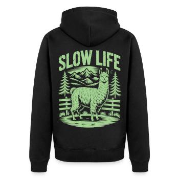 Entschleunigung Shirt mit Lama - Ruhe genießen - Unisex Premium Bio Zip Hoodie - Schwarz - Hinten - Nico (187cm)