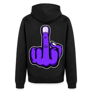 Mittelfinger_Lila - Unisex Premium Bio Zip Hoodie - Schwarz - Hinten - Nico (187cm)