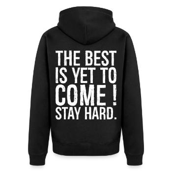 DAS BESTE KOMMT ERST NOCH, BLEIB HART - Unisex Premium Bio Zip Hoodie - Schwarz - Hinten - Nico (187cm)
