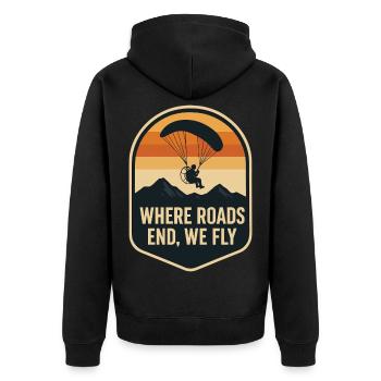 Wo Straßen Enden, Fliegen Wir - Unisex Premium Bio Zip Hoodie - Schwarz - Hinten - Nico (187cm)
