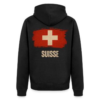 Grunge-Flagge der Schweiz, Schweizer Stolz - Unisex Premium Bio Zip Hoodie - Schwarz - Hinten - Nico (187cm)