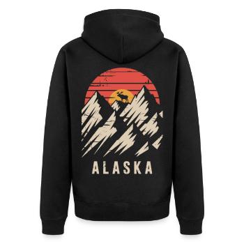 Alaska Retro T-Shirt – Mountains and Moose - Unisex Premium Organic Zip Hoodie - black - Back - Nico (187cm)