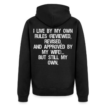 Ich lebe nach meinen eigenen Regeln, die überprüft und überarbeitet wurden - Unisex Premium Bio Zip Hoodie - Schwarz - Hinten - Nico (187cm)