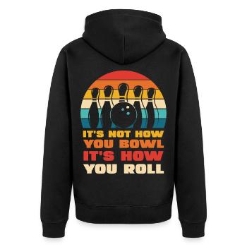 Retro Bowling Roll-Style - Unisex Premium Bio Zip Hoodie - Schwarz - Hinten - Nico (187cm)