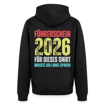 Führerschein 2026 - Unisex Premium Bio Zip Hoodie - Schwarz - Hinten - Nico (187cm)