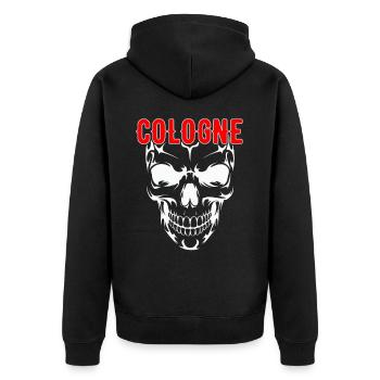 Kölner Schädel mit roter COLOGNE Schrift - Unisex Premium Bio Zip Hoodie - Schwarz - Hinten - Nico (187cm)
