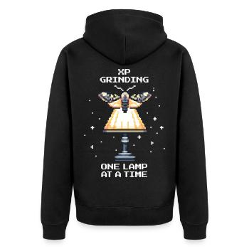 XP Grinding | Motte Gamer Spruch - Unisex Premium Bio Zip Hoodie - Schwarz - Hinten - Nico (187cm)