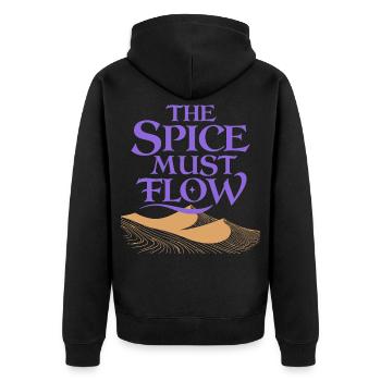 Die Würze muss fließen - Unisex Premium Bio Zip Hoodie - Schwarz - Hinten - Nico (187cm)