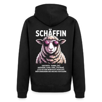 Schäffin Chefin Lustiges Schaf-Motiv - Unisex Premium Bio Zip Hoodie - Schwarz - Hinten - Nico (187cm)