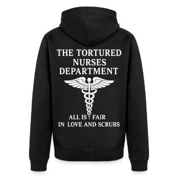 Die gequälte Pflege-WG - Liebe und Kittel - Unisex Premium Bio Zip Hoodie - Schwarz - Hinten - Nico (187cm)