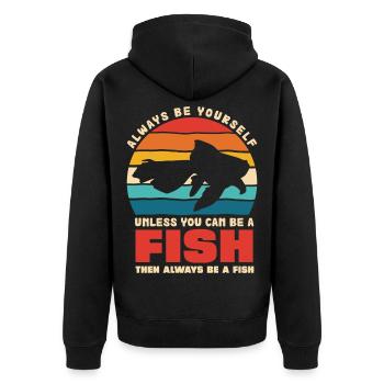 Fisch Selbst Sein Retro Sonnenuntergang - Unisex Premium Bio Zip Hoodie - Schwarz - Hinten - Nico (187cm)