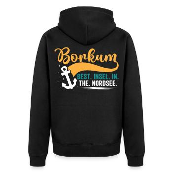 BORKUM BEST INSEL IN THE NORDSEE Lustiges - Unisex Premium Bio Zip Hoodie - Schwarz - Hinten - Nico (187cm)