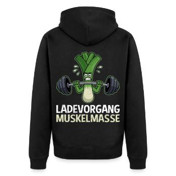 Gewichtheber LADEVORGANG MUSKELMASSE Lustig - Unisex Premium Bio Zip Hoodie - Schwarz - Hinten - Nico (187cm)