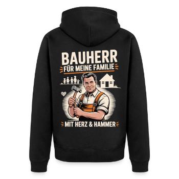Builder For family with heart & hammer - Unisex Premium Organic Zip Hoodie - black - Back - Nico (187cm)