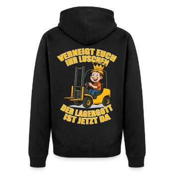 Verneigt Euch ihr Luschen der Lagergott ist jetzt - Unisex Premium Bio Zip Hoodie - Schwarz - Hinten - Nico (187cm)