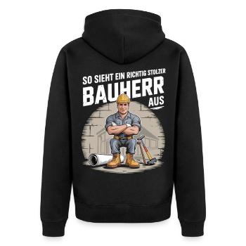 Stolzer Bauherr mit Helm & Werkzeug - Unisex Premium Bio Zip Hoodie - Schwarz - Hinten - Nico (187cm)