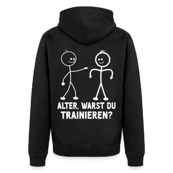 Strichmännchen WARST DU TRAINIEREN LUSTIG - Unisex Premium Bio Zip Hoodie - Schwarz - Hinten - Nico (187cm)
