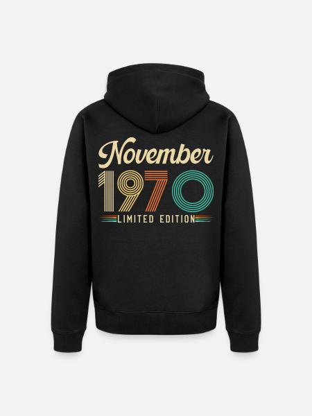 Novembre 1970 Anniversaire Vintage Rétro Cadeau - Veste à capuche bio Premium Unisexe - noir