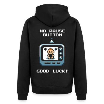 Kein Pause-Knopf | Eltern im Dauermodus - Unisex Premium Bio Zip Hoodie - Schwarz - Hinten - Nico (187cm)