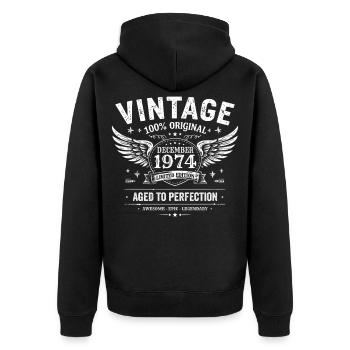 Jahrgang Dezember 1974 Geburtstag 1974 Geschenk - Unisex Premium Bio Zip Hoodie - Schwarz - Hinten - Nico (187cm)