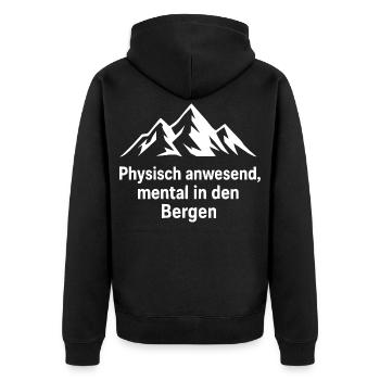 Wandern Berge Spruch Physisch anwesend - Unisex Premium Bio Zip Hoodie - Schwarz - Hinten - Nico (187cm)