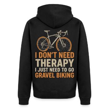 Gravel Bike Shirt – Keine Therapie, nur Radfahren - Unisex Premium Bio Zip Hoodie - Schwarz - Hinten - Nico (187cm)