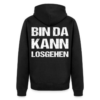Bin da, kann losgehen - Unisex Premium Bio Zip Hoodie - Schwarz - Hinten - Nico (187cm)