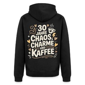 Chaos Charme Kaffee 30 Jahre - Unisex Premium Bio Zip Hoodie - Schwarz - Hinten - Nico (187cm)