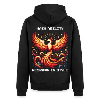 Hauptfähigkeit: Respawn mit Stil | Phönix - Unisex Premium Bio Zip Hoodie - Schwarz - Hinten - Nico (187cm)