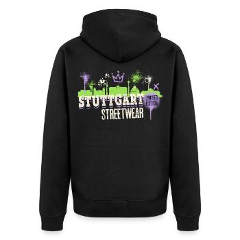 Stuttgart Skyline Stadt Deutschland Graffiti Kunst - Unisex Premium Bio Zip Hoodie - Schwarz - Hinten - Nico (187cm)