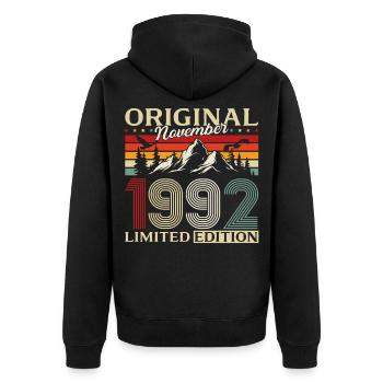 33ème Anniversaire Original Novembre Millésime 1992 - Veste à capuche bio Premium Unisexe - noir - Dos - Nico (187cm)