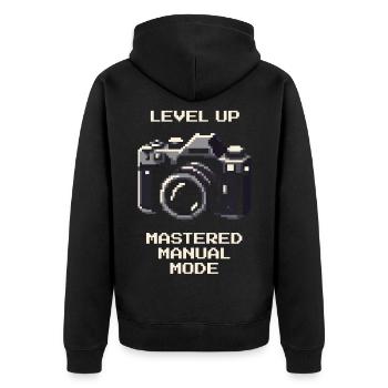 Level Up | Manual mode mastered, ISO aperture - Unisex Premium Organic Zip Hoodie - black - Back - Nico (187cm)