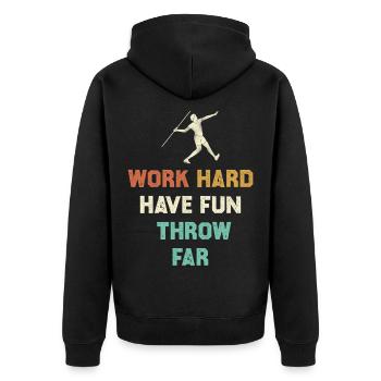 Work Hard, Throw Far Motif - Unisex Premium Organic Zip Hoodie - black - Back - Nico (187cm)