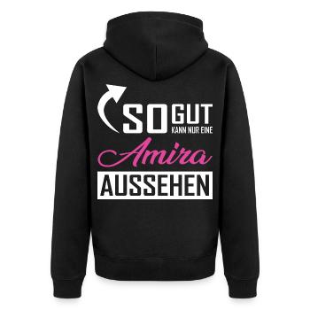 So gut kann nur eine Amira aussehen - Unisex Premium Bio Zip Hoodie - Schwarz - Hinten - Nico (187cm)