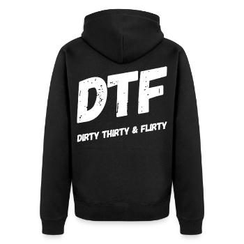 Dirty Thirty Flirty DTF 30. Geburtstag - Unisex Premium Bio Zip Hoodie - Schwarz - Hinten - Nico (187cm)