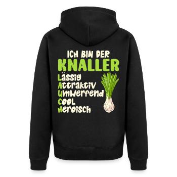 Gewichtheber BIN EIN LAUCH LÄSSIG COOL Lustig - Unisex Premium Bio Zip Hoodie - Schwarz - Hinten - Nico (187cm)