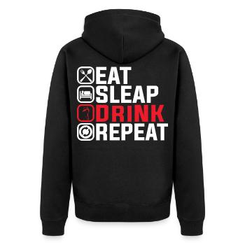 Eat Sleep Drink Repeat – Lustiges Party Design - Unisex Premium Bio Zip Hoodie - Schwarz - Hinten - Nico (187cm)