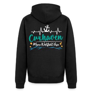 CUXHAVEN MEINE WOHLFÜHL OASE Lustiges - Unisex Premium Bio Zip Hoodie - Schwarz - Hinten - Nico (187cm)