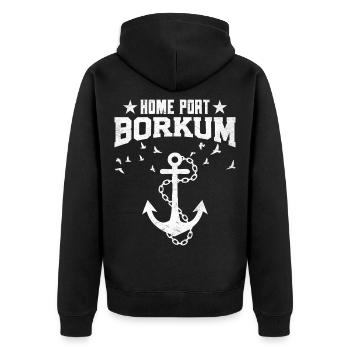 Nordsee Urlaub HEIMATHAFEN BORKUM Lustig - Unisex Premium Bio Zip Hoodie - Schwarz - Hinten - Nico (187cm)