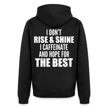 Ich erhebe mich nicht und leuchte nicht - Unisex Premium Bio Zip Hoodie - Schwarz - Hinten - Nico (187cm)