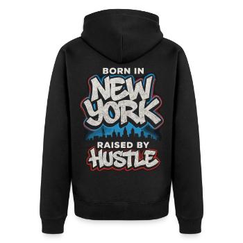 New York Hustle – Graffiti Streetwear Style - Unisex Premium Bio Zip Hoodie - Schwarz - Hinten - Nico (187cm)