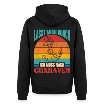 Cuxhavener LASST MICH DURCH MUSS NACH CUXHAVEN - Unisex Premium Bio Zip Hoodie - Schwarz - Hinten - Nico (187cm)